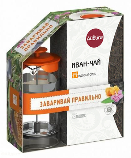 Купить Иван-чай листовой "Медовый спас" 100г с оранжевым френч-прессом