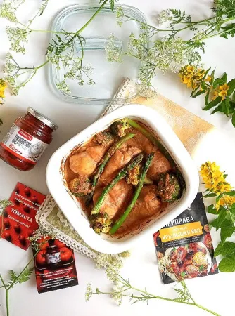 Запеченные голени с брокколи и спаржей