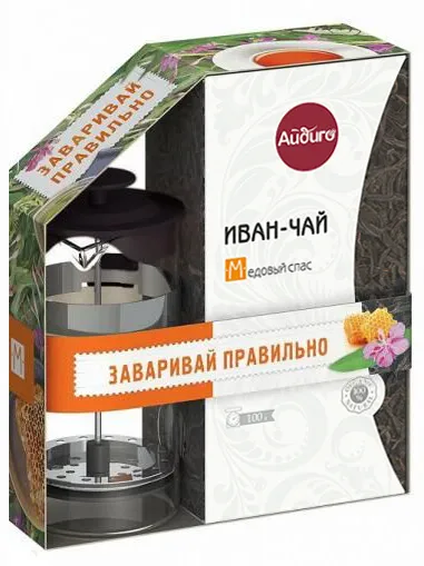 Иван-чай листовой "Медовый спас" 100г с черным френч-прессом